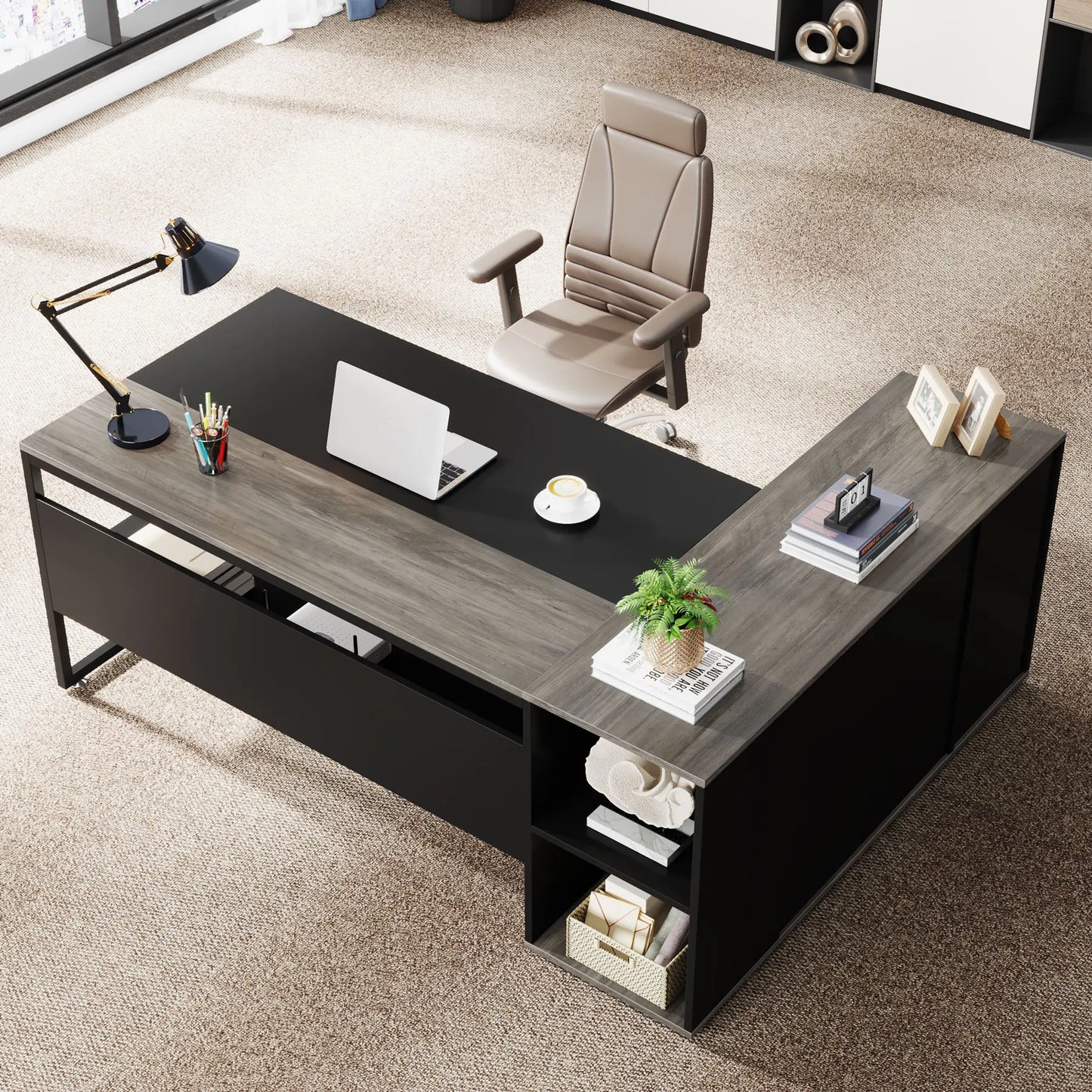 71 inch Executive Desk, L Shaped with Cabinet Storage