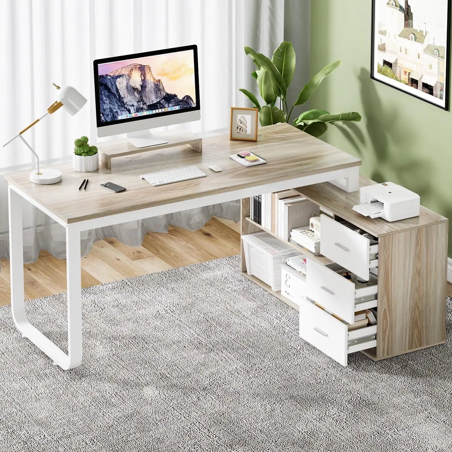 Desk with Drawers, 55 Inch L Shaped, Removable Monitor Stand