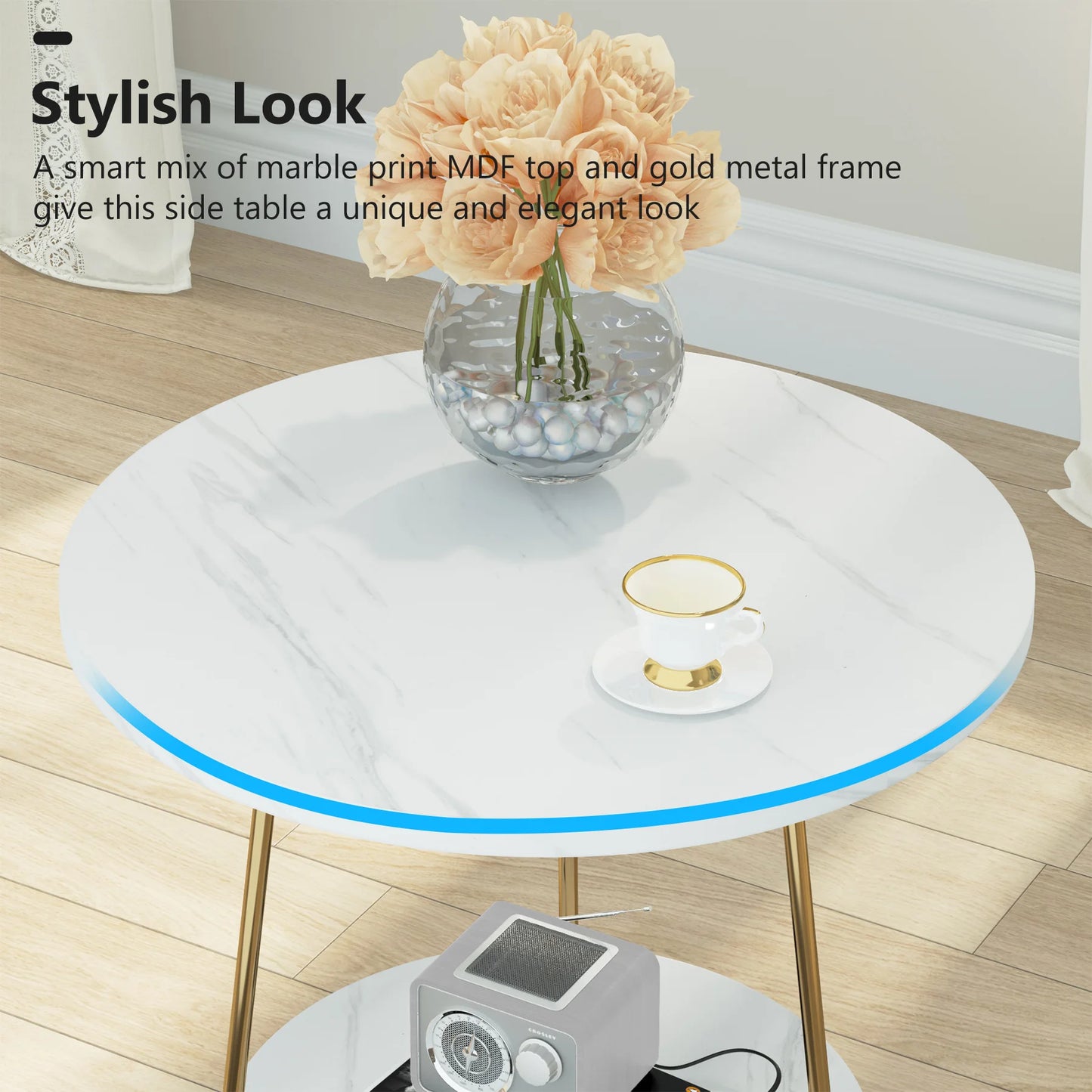 Tribesigns 2 Tier Faux Marble End Table Round Side Table with Shelves Small Coffee Accent Table for Living Room, White and Gold