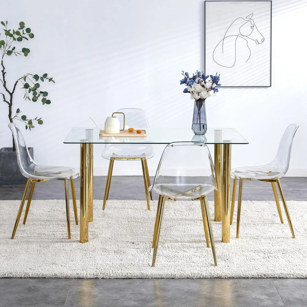 5 Pcs Modern Clear Glass Dining Table Set, 51'' Luxury Rectangular Kitchen Table Set, 4 Person Minimalist Dinner Room Table Set
