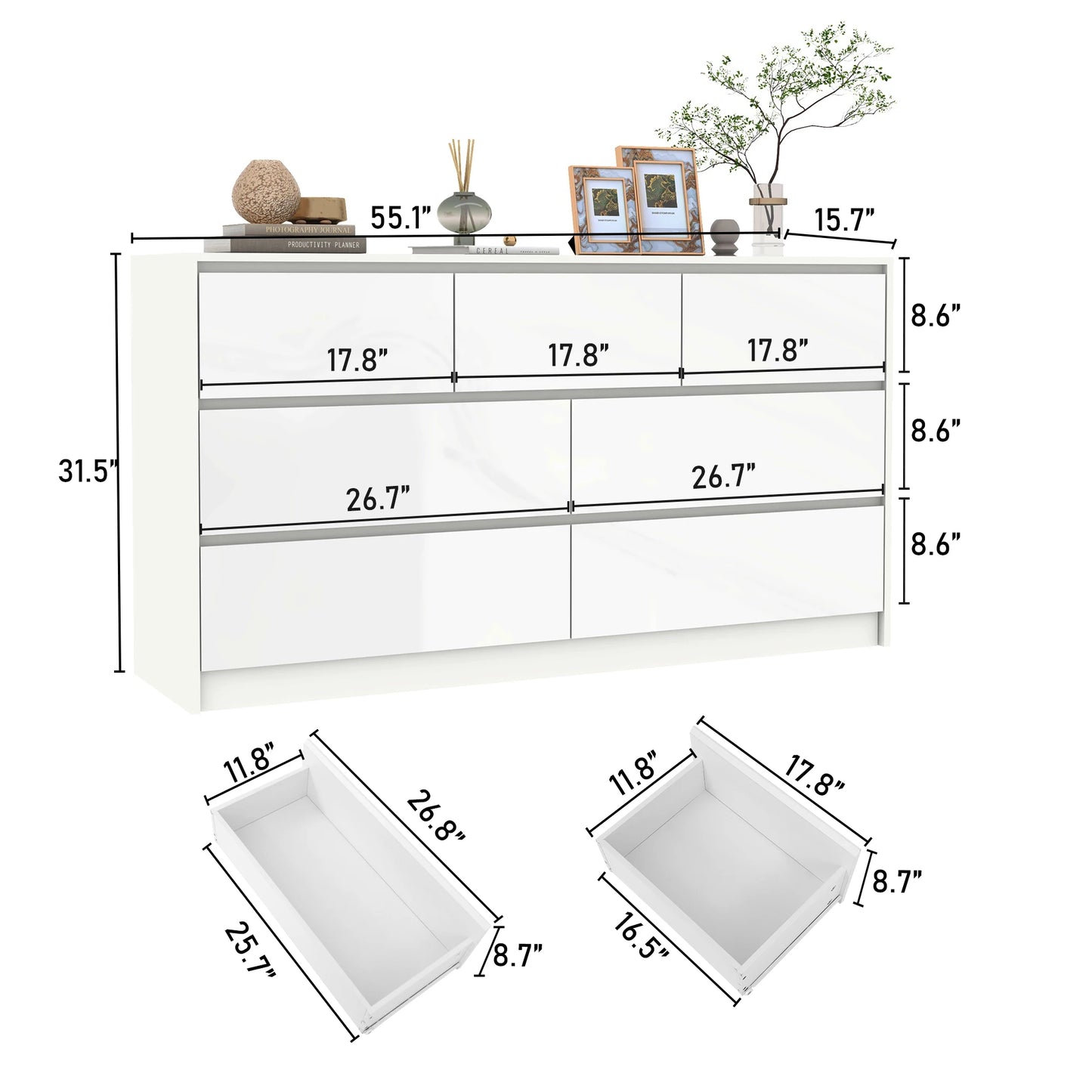 Dresser with High Gloss 7 Drawers, Chest of Drawers