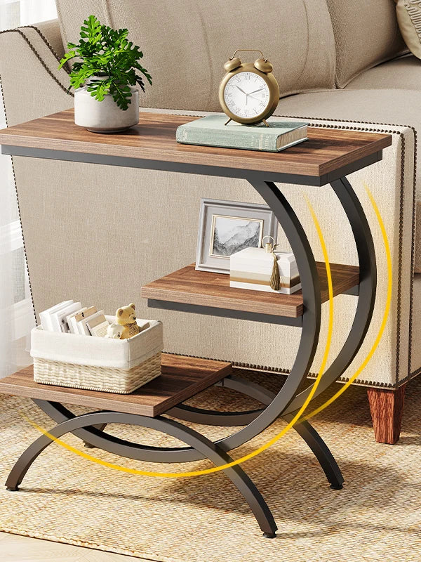 Tribesigns C-Shaped End Table, Industrial 3-Tier Small Table for Couch, Wood Bedside Table Snack Table with Storage Shelves