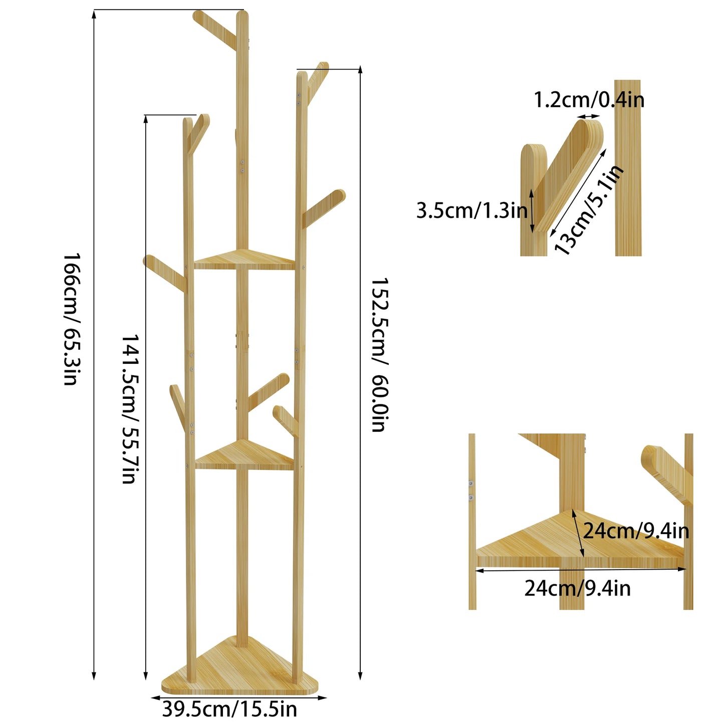 Bamboo Corner Tree Coat Rack with Hooks and Shelves