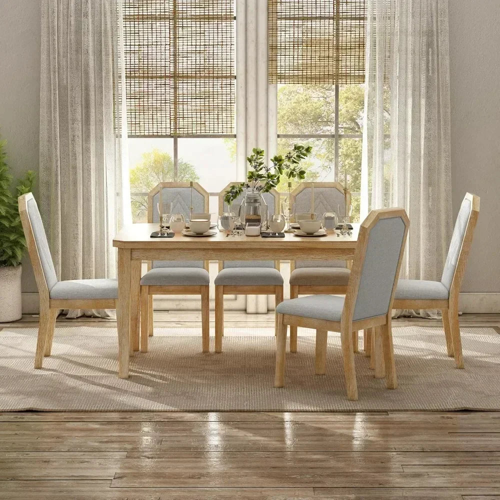7 Pieces Dining Table Set,Wooden Rustic Table with 6 High-Back Tufted Chairs,Home Furniture Kitchen Dining Room Table Sets