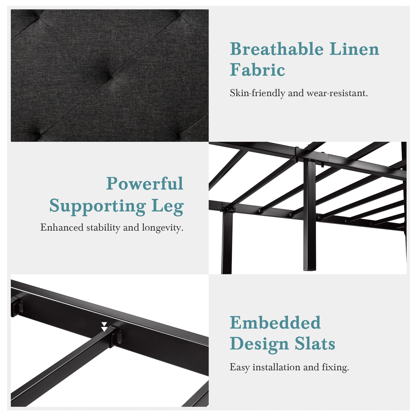 Bed Frame with Upholstered Finely Stitched Headboard - Queen, King, Full and Twin Sizes