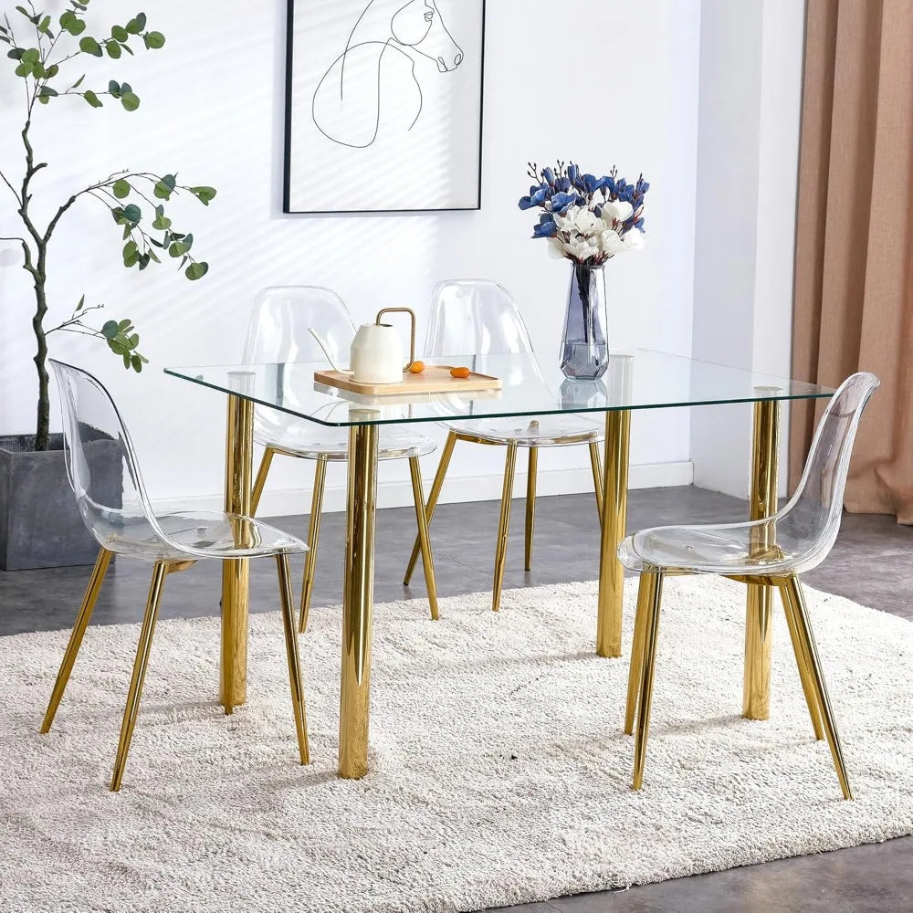 5 Pcs Modern Clear Glass Dining Table Set, 51'' Luxury Rectangular Kitchen Table Set, 4 Person Minimalist Dinner Room Table Set