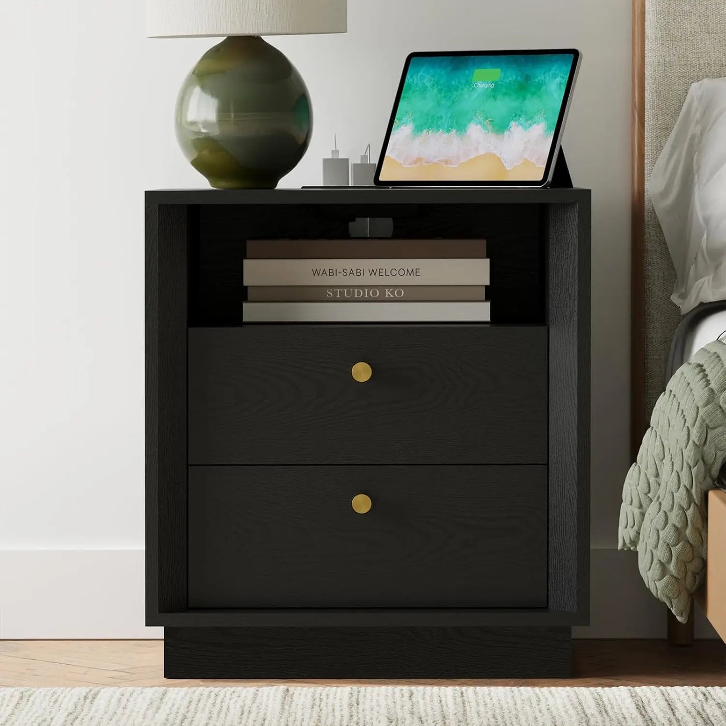 Nightstand Charging Station, Mid Century Modern Nightstand Wood Grain Texture, Boho End Table Drawers Storage