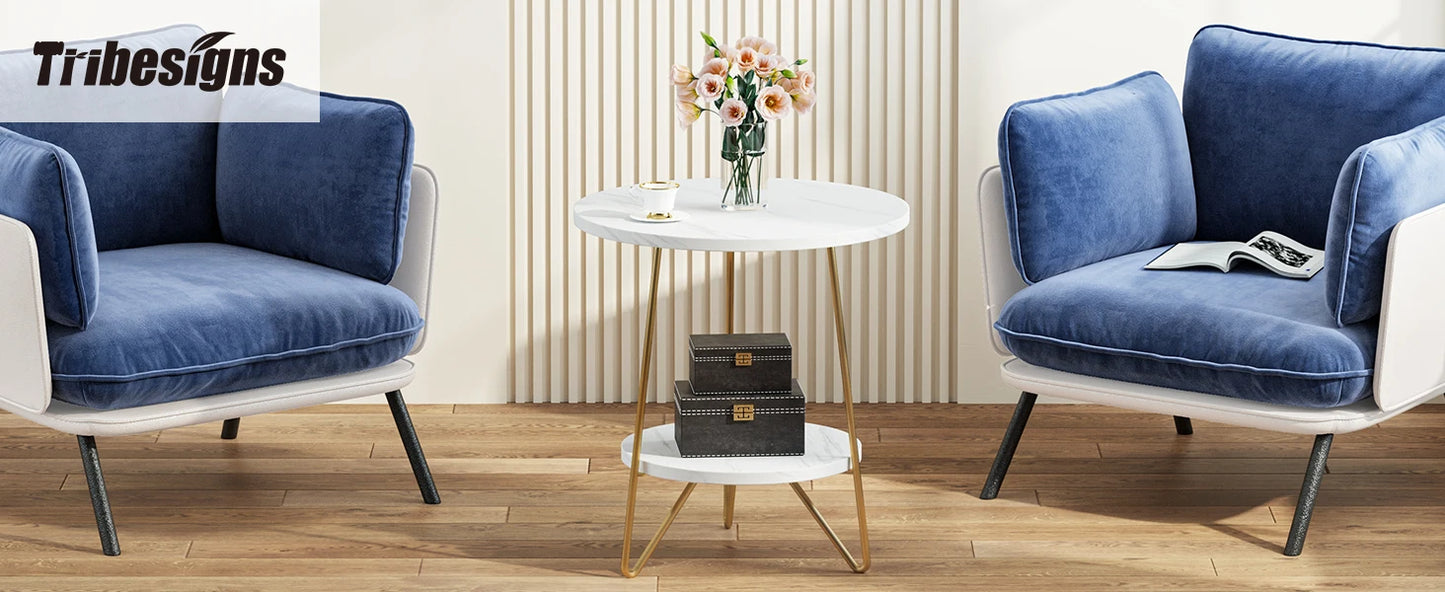 Tribesigns 2 Tier Faux Marble End Table Round Side Table with Shelves Small Coffee Accent Table for Living Room, White and Gold