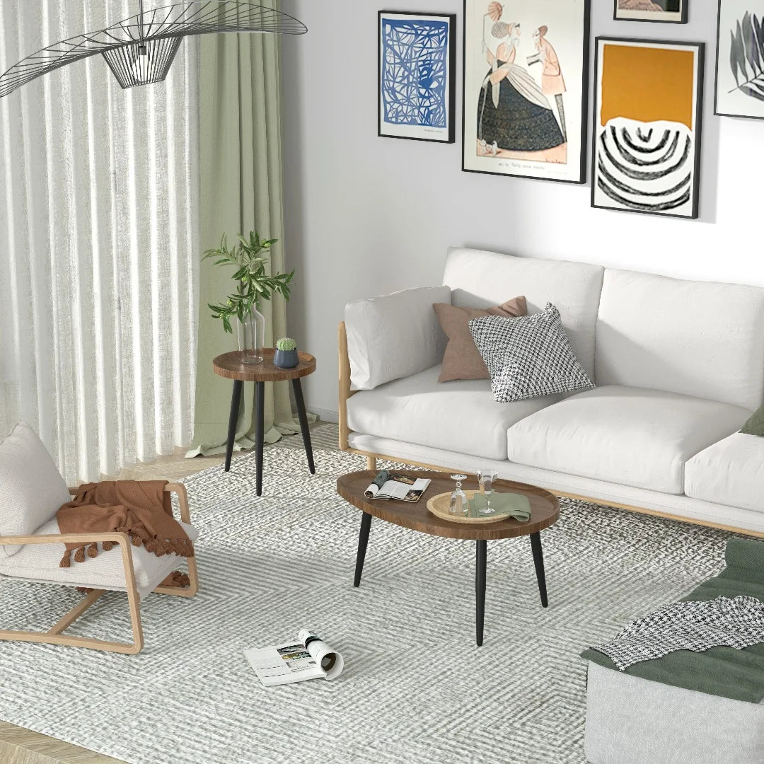 LUVODI Irregular Living Room Coffee Table Set Small Drop-shaped Solid Wooden Sofa Side End Table 2-in1 with Triangle Legs