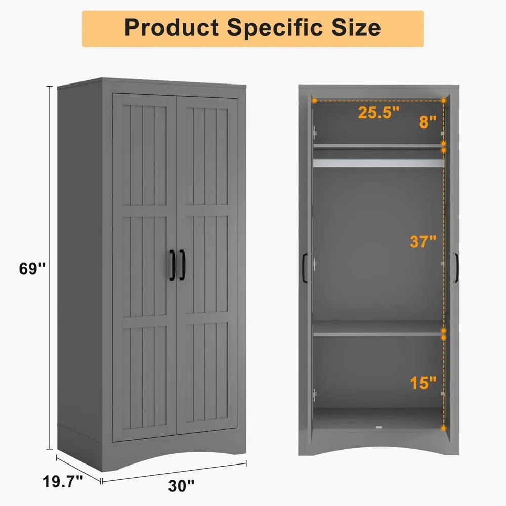 2 Door Wardrobe Closet, Armoire with 2 Shelves