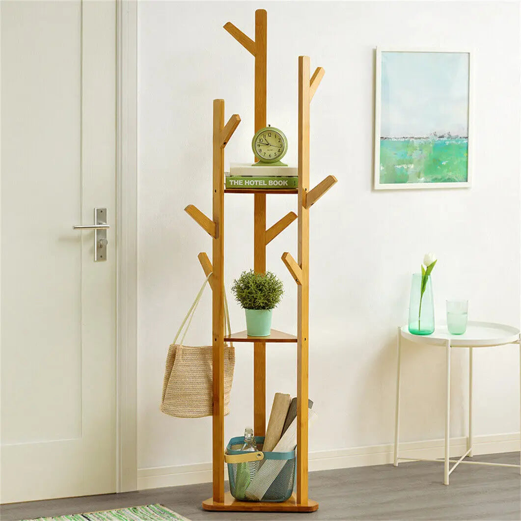 Bamboo Corner Tree Coat Rack with Hooks and Shelves