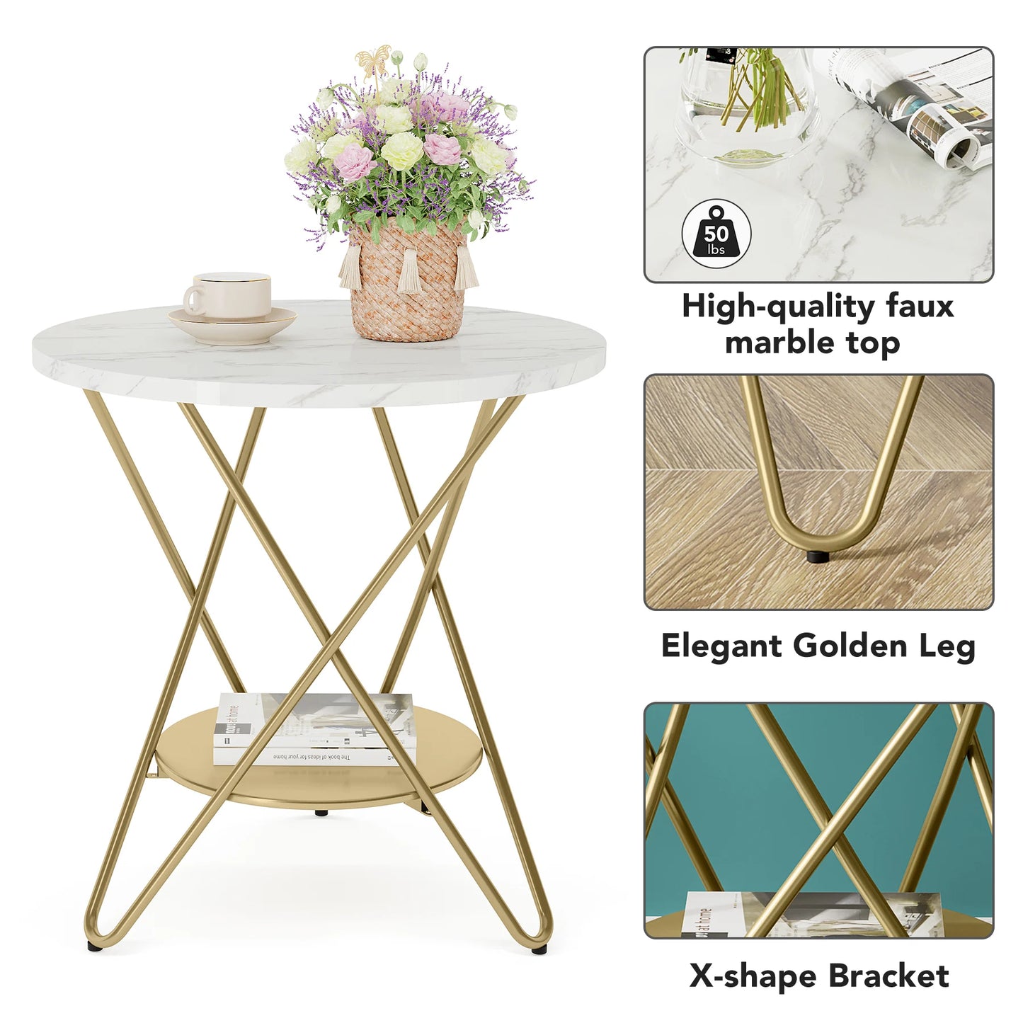 Tribesigns 2 Tier Faux Marble End Table Round Side Table with Shelves Small Coffee Accent Table for Living Room, White and Gold