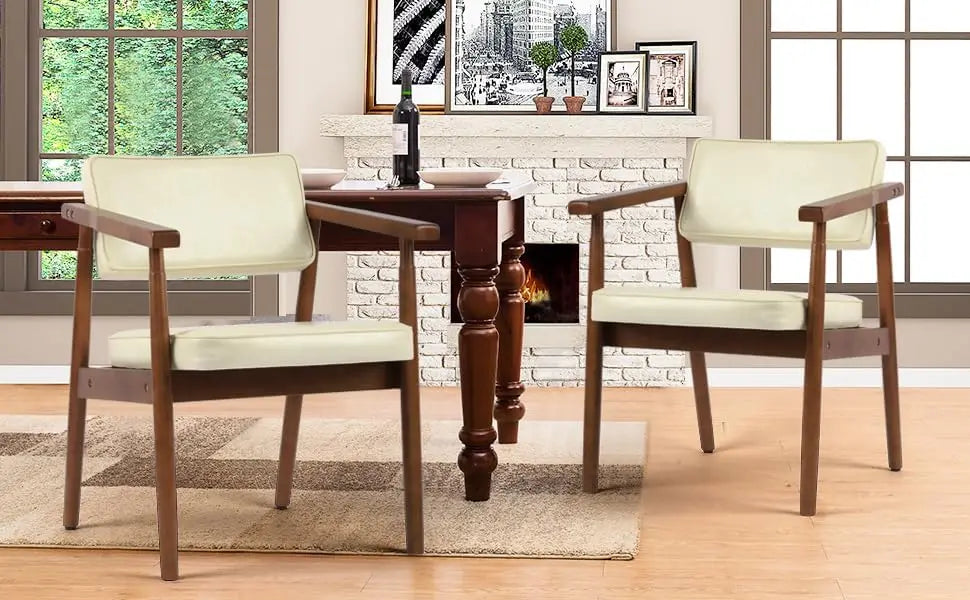 Chairs with Wooden Handrail, Fabric Upholstered Faux Leather
