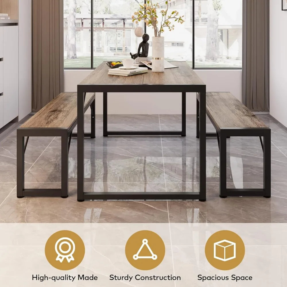 Dining Table Set for 4, with 2 Benches, Dinner Table Set with Metal Frame, Space-Saving Dinette, Dining Room Set