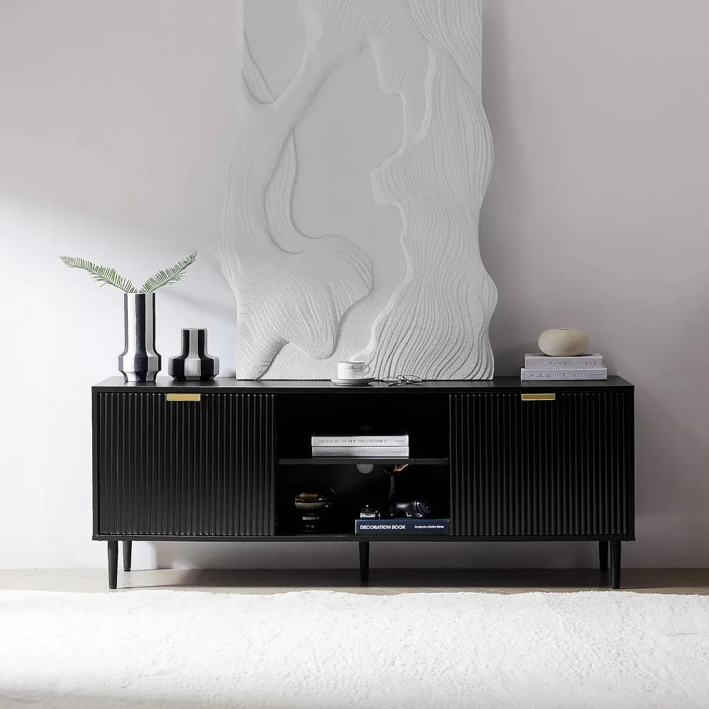 Black TV Stand for 65+ Inch TV with Sliding Doors