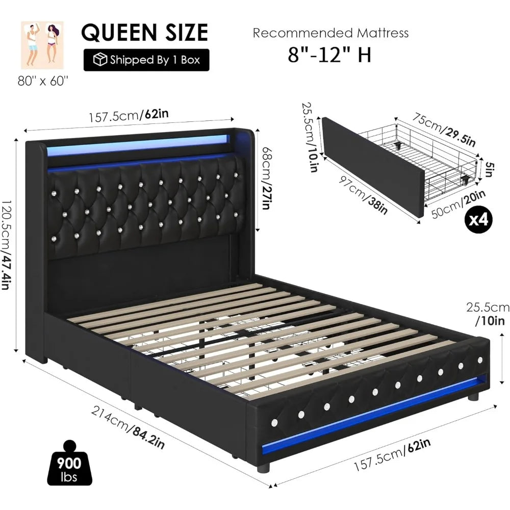 Velvet Upholstered Bed Frame with Storage – King, Queen, Full Sizes