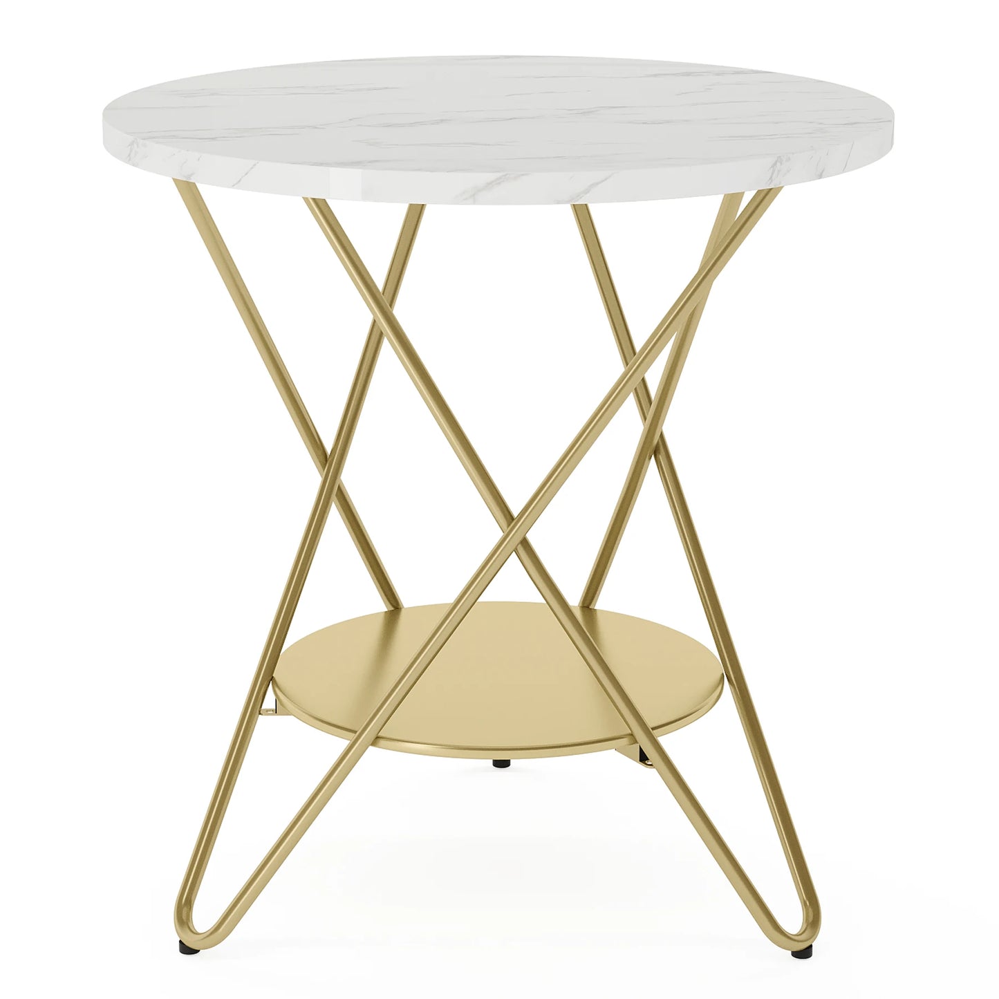 Tribesigns 2 Tier Faux Marble End Table Round Side Table with Shelves Small Coffee Accent Table for Living Room, White and Gold