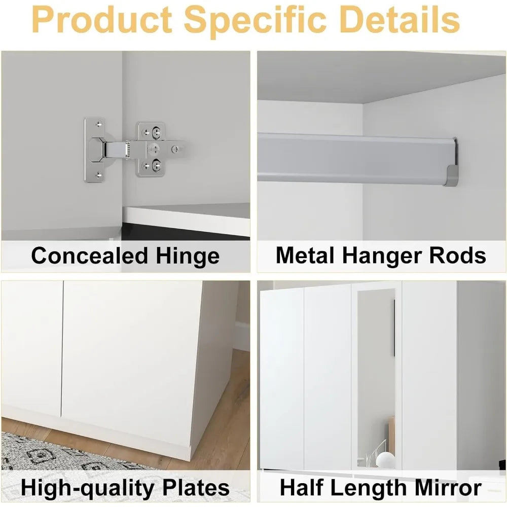 4 Door Wardrobe Cabinet with 2 Hanging Rod and 1 Mirror