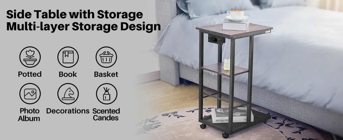 Redlife C Shaped End Table w/ Charging Station Side Table for Couch Sofa Table w/ Storage Shelf & Rolling Wheels for Small Space