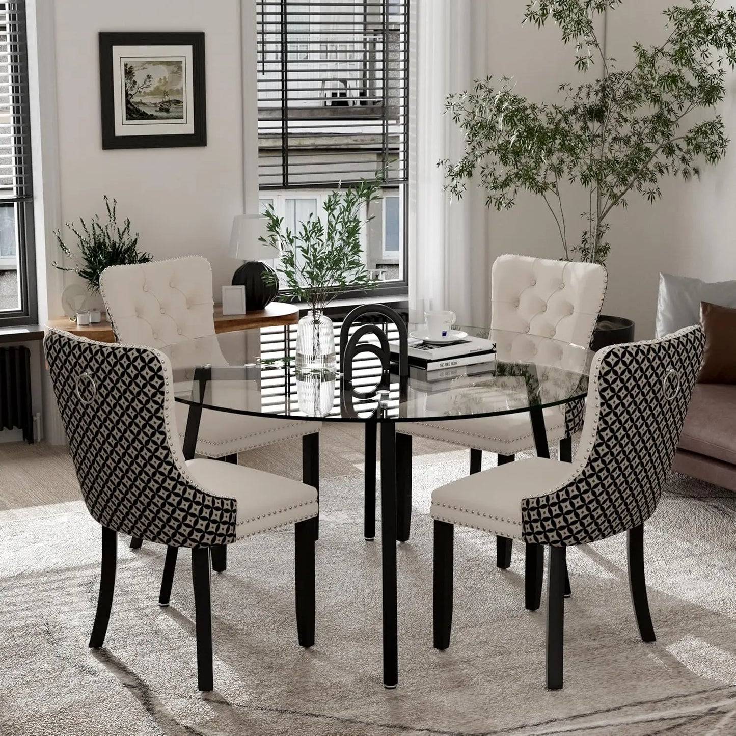 5 Piece Luxury Round Glass Dining Set, Modern Minimalist Circle Kitchen Table Set for 4, 42'' Clear Circular Glass Top Dinner Ro