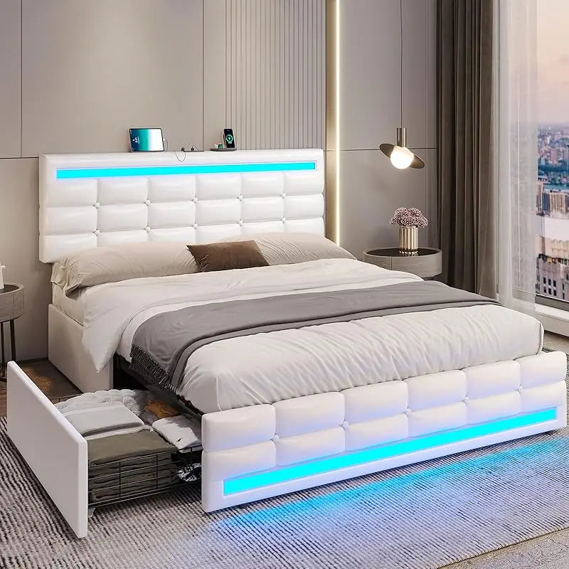 Bed Frame with Leather Platform and Storage – Twin, Queen & Full Sizes