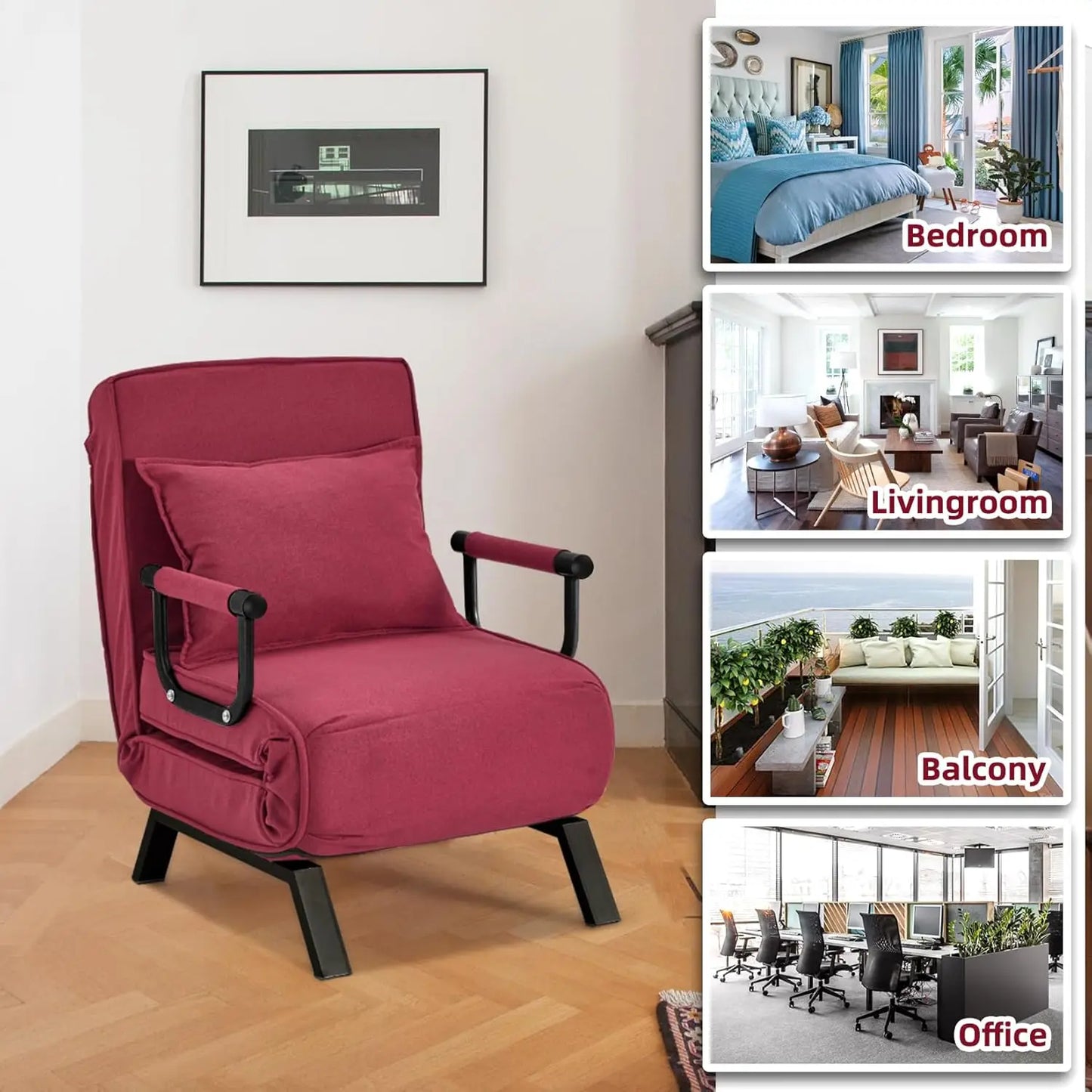 Convertible Chair, Tri-fold Upholstered Armchair Sleeper with Pillow