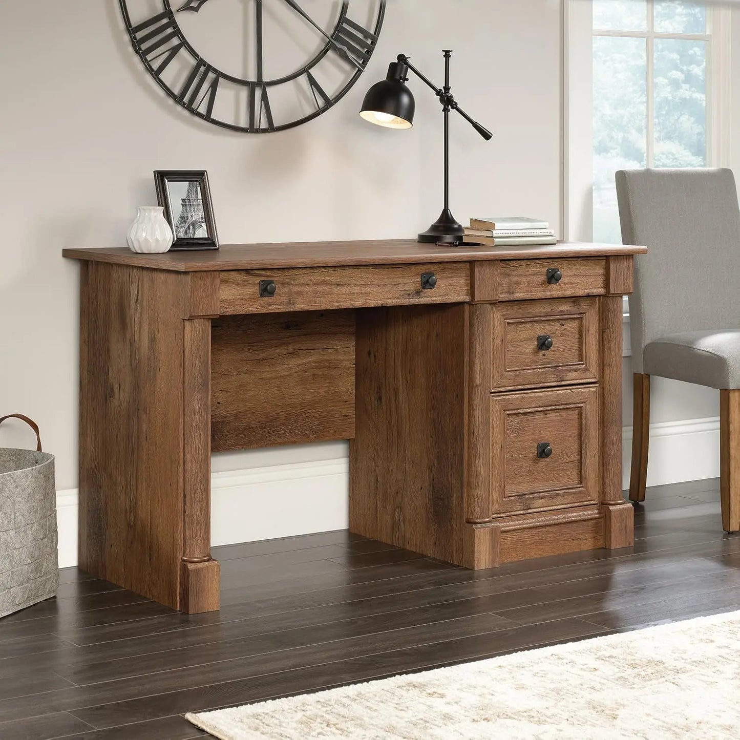 Computer Desk with Drawers in Vintage Oak Finish