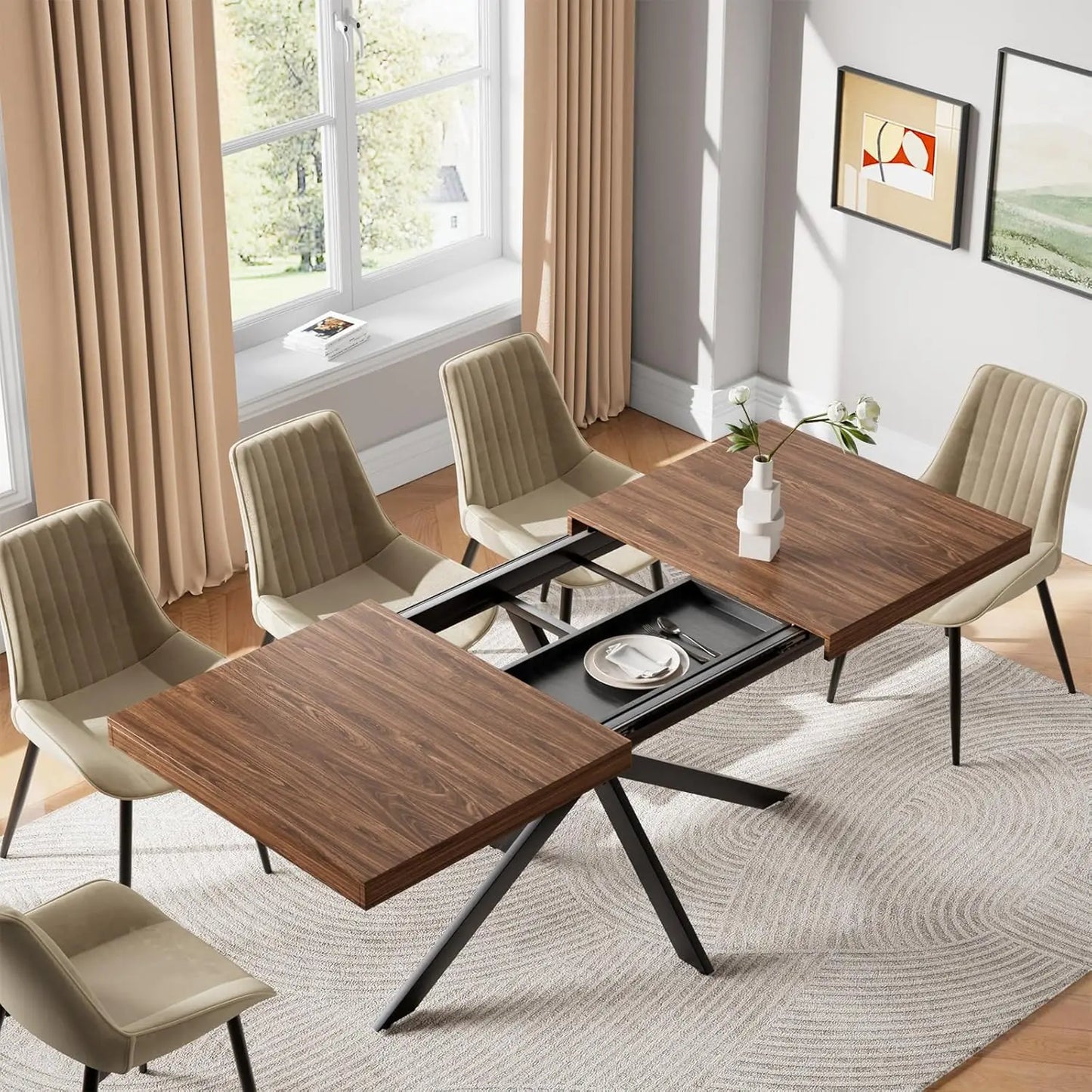 55''-70.9'' Extendable Dining Room Table, Wooden Rectangle Expandable Dining Table with Hidden Storage,Kitchens,Office (Walnut)