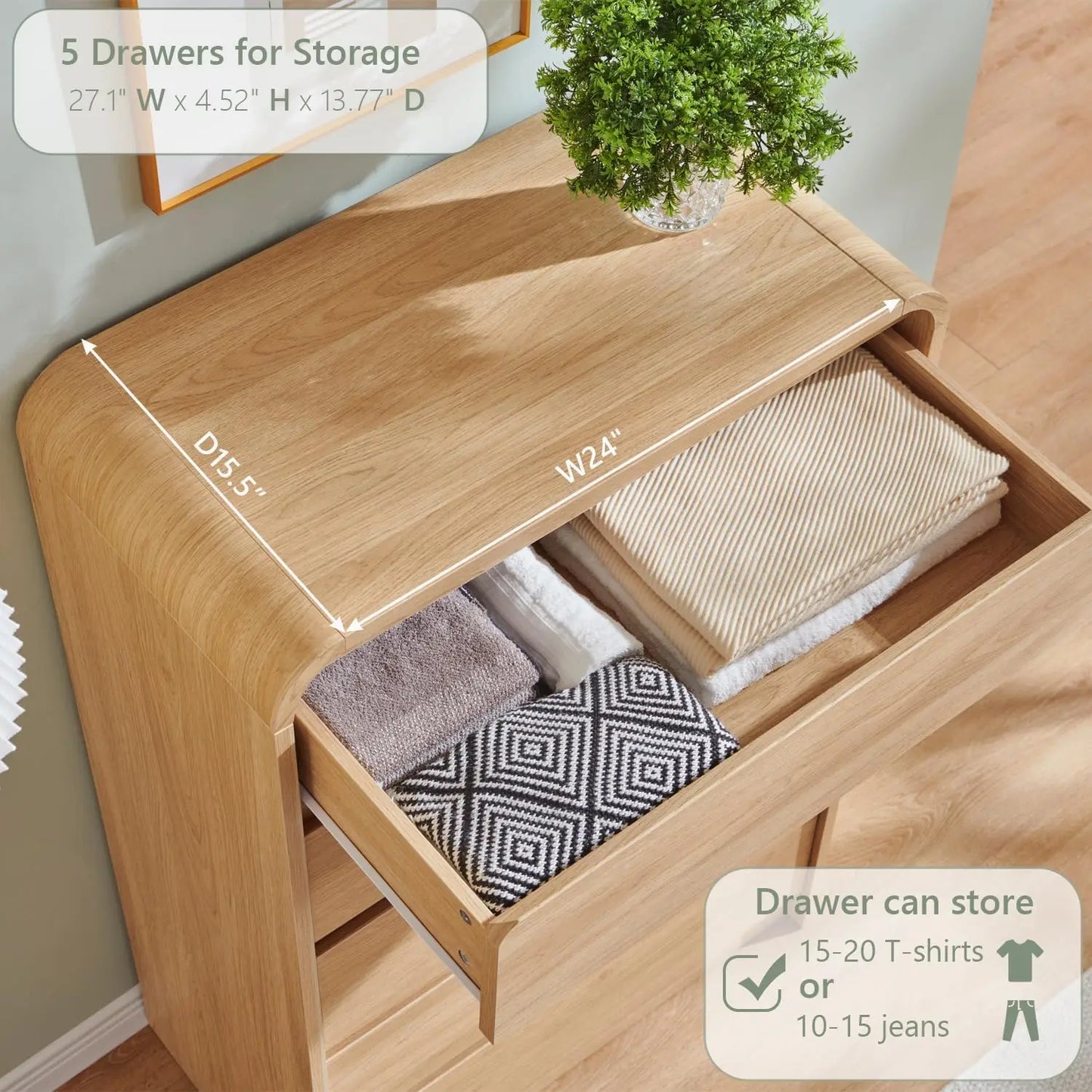 5 Drawers Dresser, Chest of Drawers w/Curved Profile Design