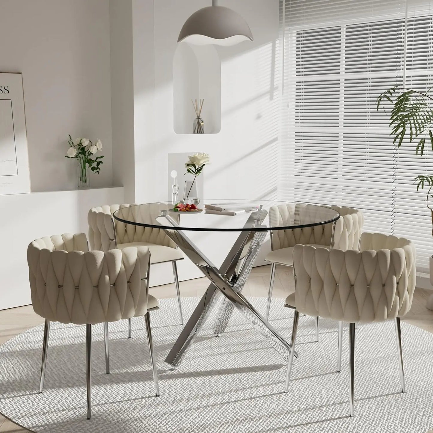 Golden Round Glass Dining Table Set for 4, 39'' Clear Dinner Table Set, 5 Pieces Modern Luxury Circle Kitchen Table and Green