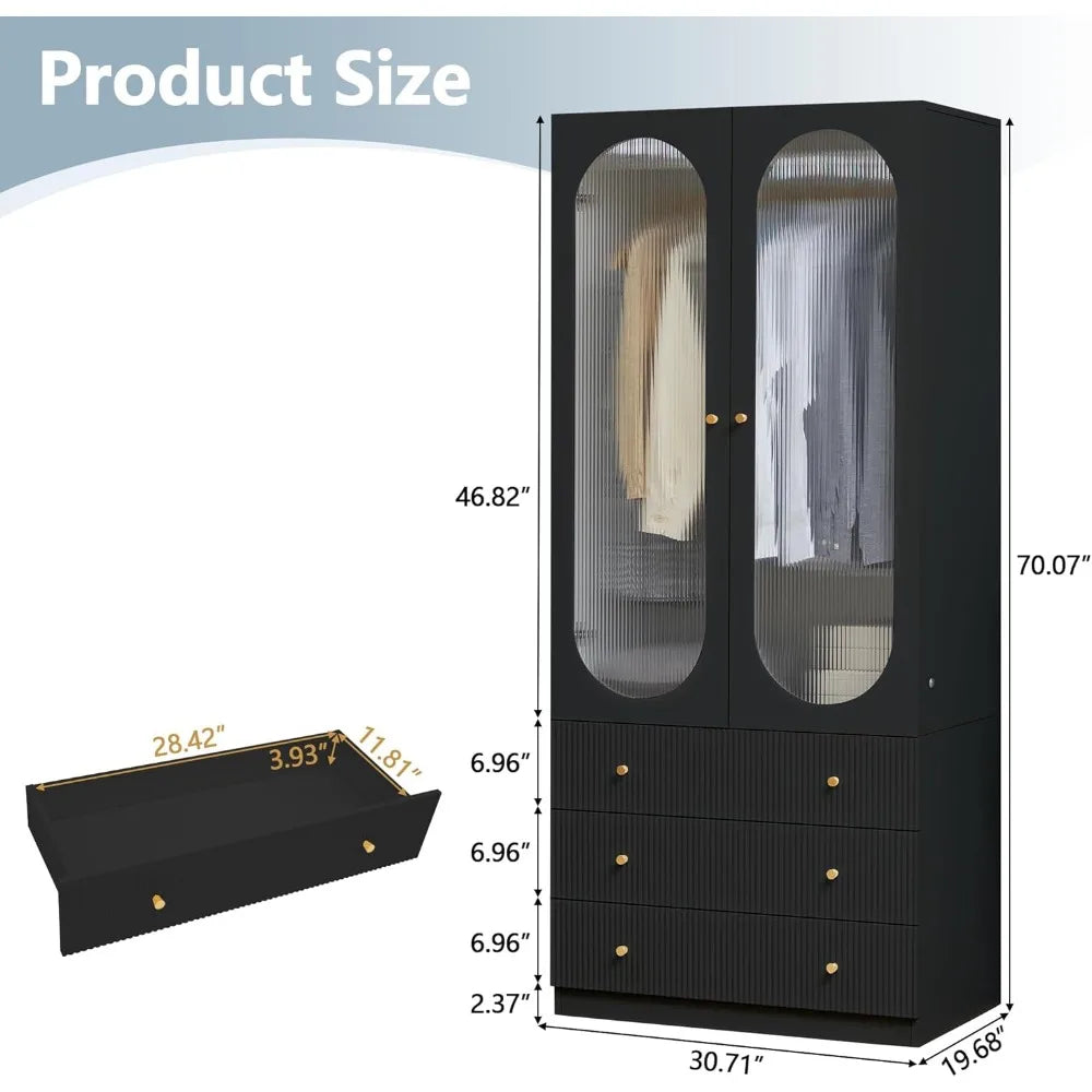 Wardrobe Closet with 3 Fluted Drawers and Hanging Rail