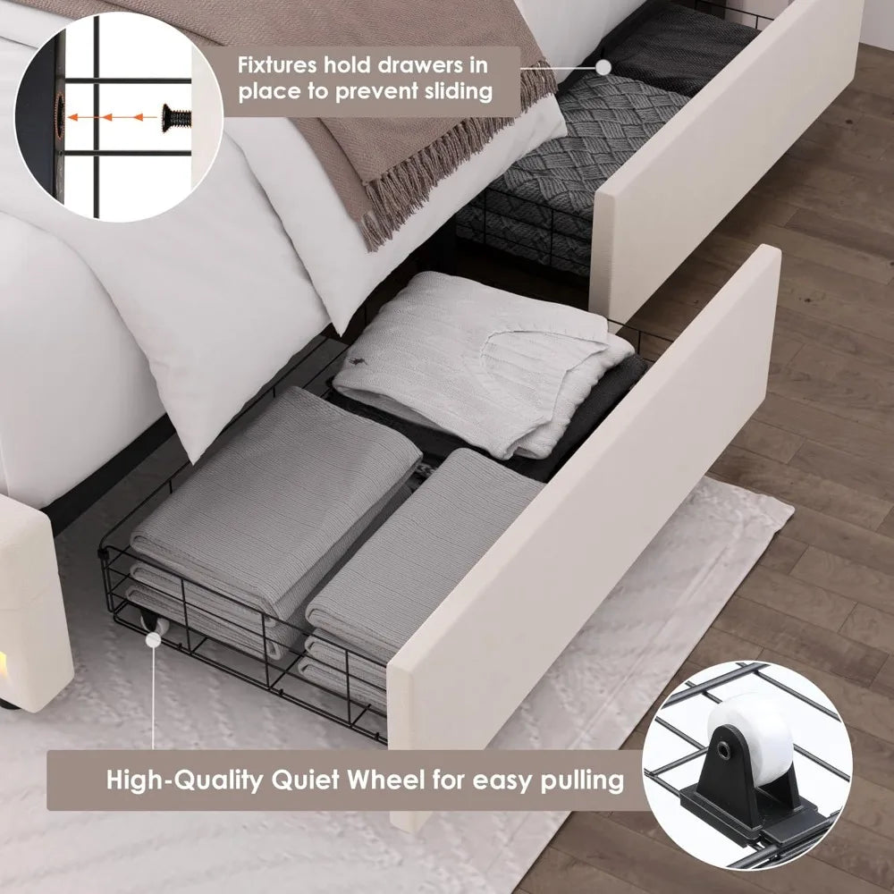 Velvet Upholstered Bed Frame with Storage – King, Queen, Full Sizes