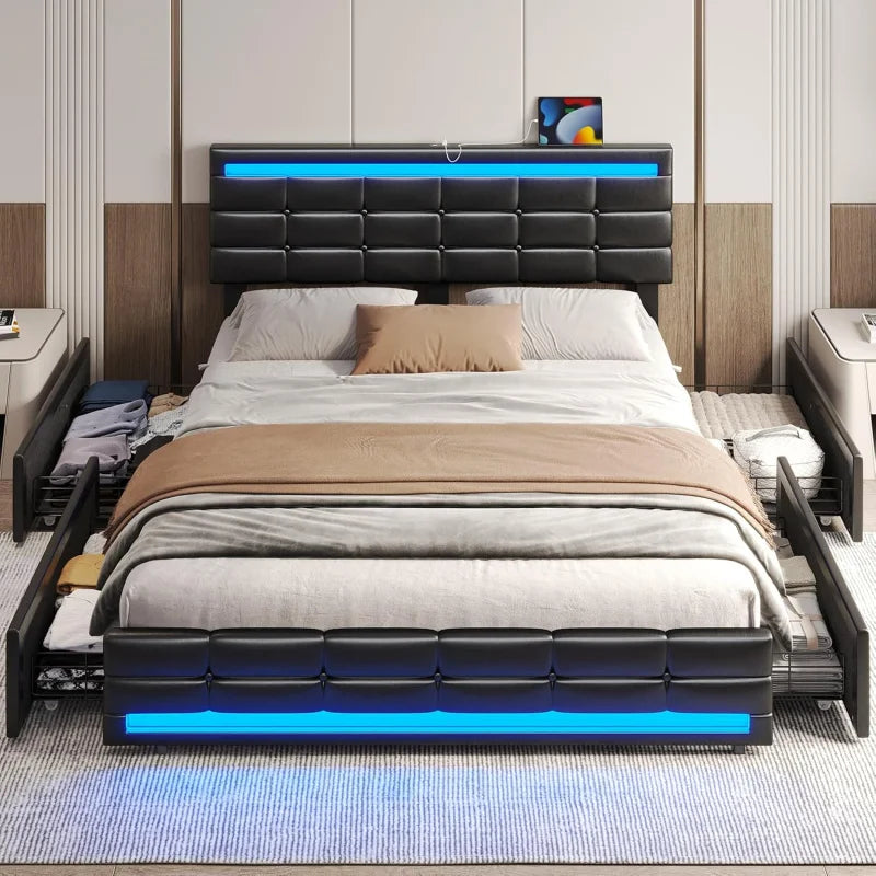 Bed Frame with Leather Platform and Storage – Twin, Queen & Full Sizes