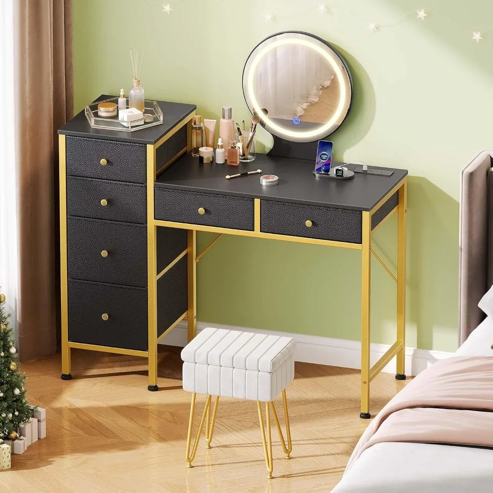 Vanity Desk with Mirror, Dresser with 6 Storage Drawers