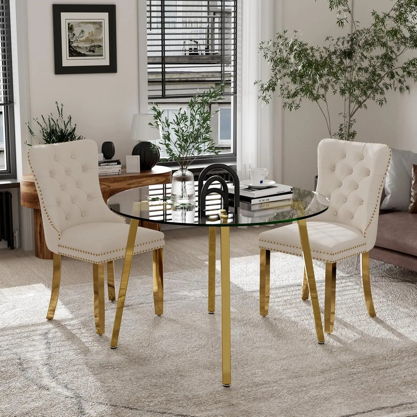 5 Piece Luxury Round Glass Dining Set, Modern Minimalist Circle Kitchen Table Set for 4, 42'' Clear Circular Glass Top Dinner Ro