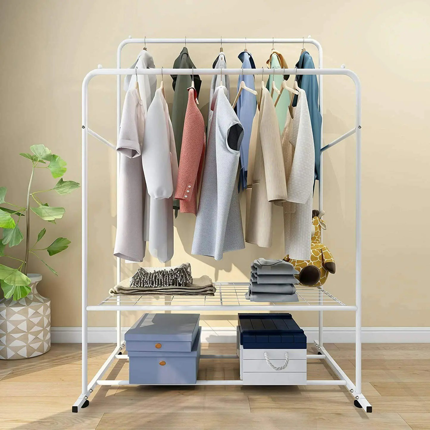 Coat Rack Double Rail Rolling Stand Shoes Rack Storage Shelf