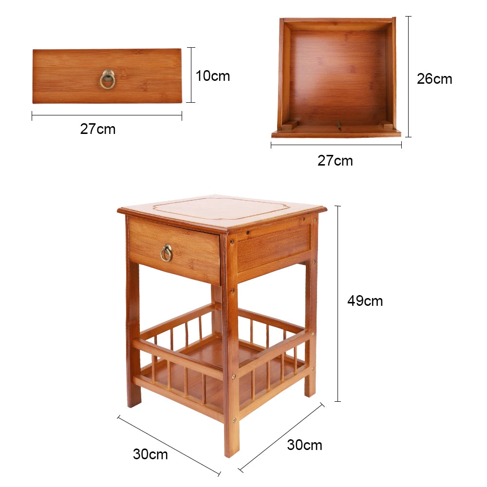 2-Tier Retro Bedside Table Bamboo Sofa Coffee End Table with Drawer Plant Display Storage Shelf Unit
