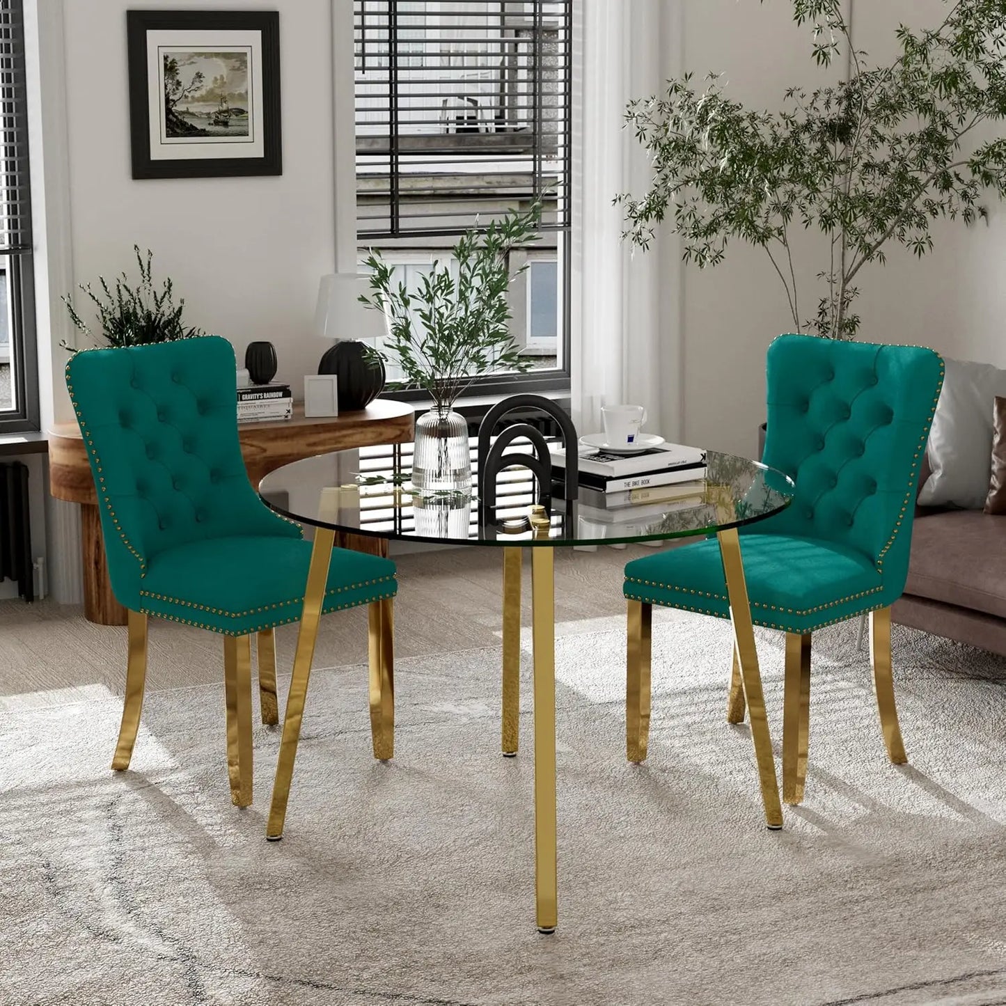 5 Piece Luxury Round Glass Dining Set, Modern Minimalist Circle Kitchen Table Set for 4, 42'' Clear Circular Glass Top Dinner Ro