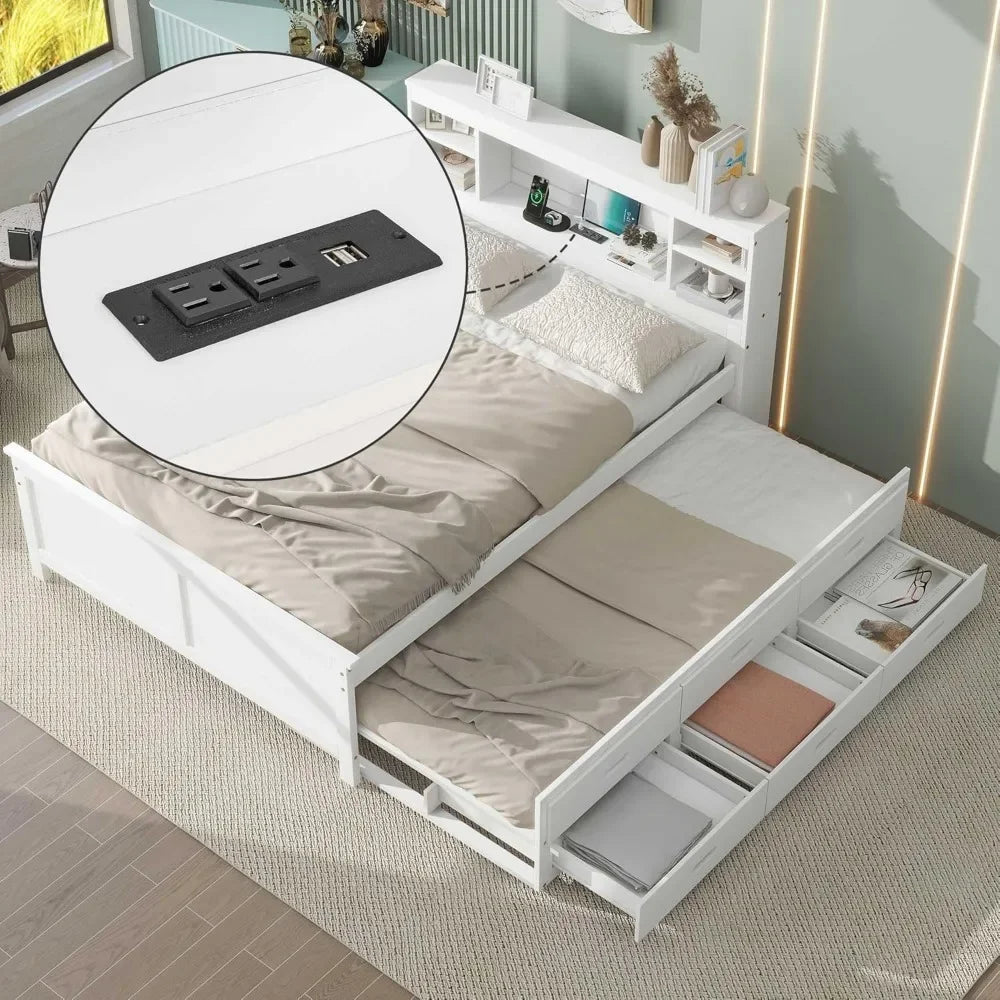 Full & Twin Storage Bed With Bookcase Headboard Wood Platform