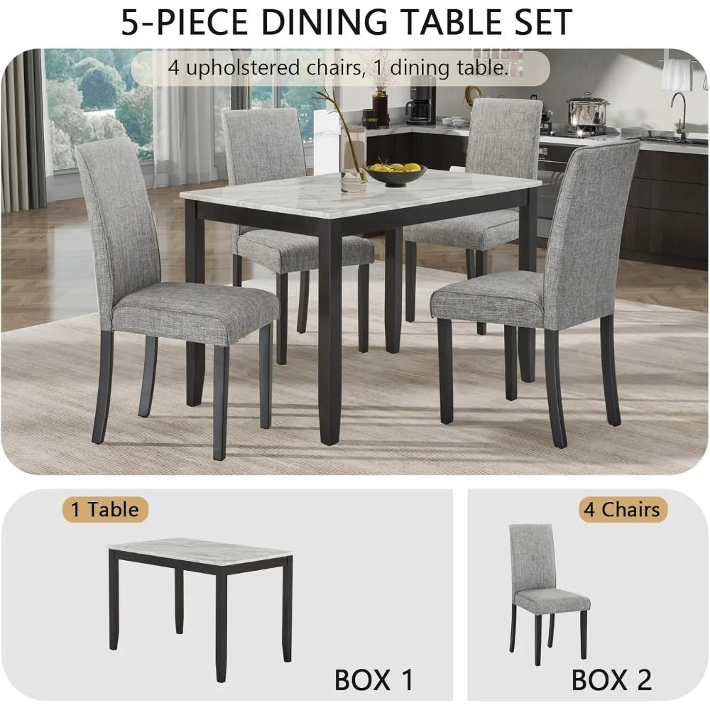 5-Piece Faux Marble Dining Table Set with Upholstered Chairs - Modern Rubber Wood Kitchen Table, 45.5" Stain-Resistant Family