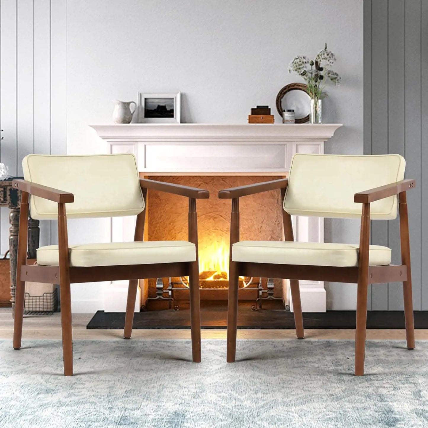 Chairs with Wooden Handrail, Fabric Upholstered Faux Leather