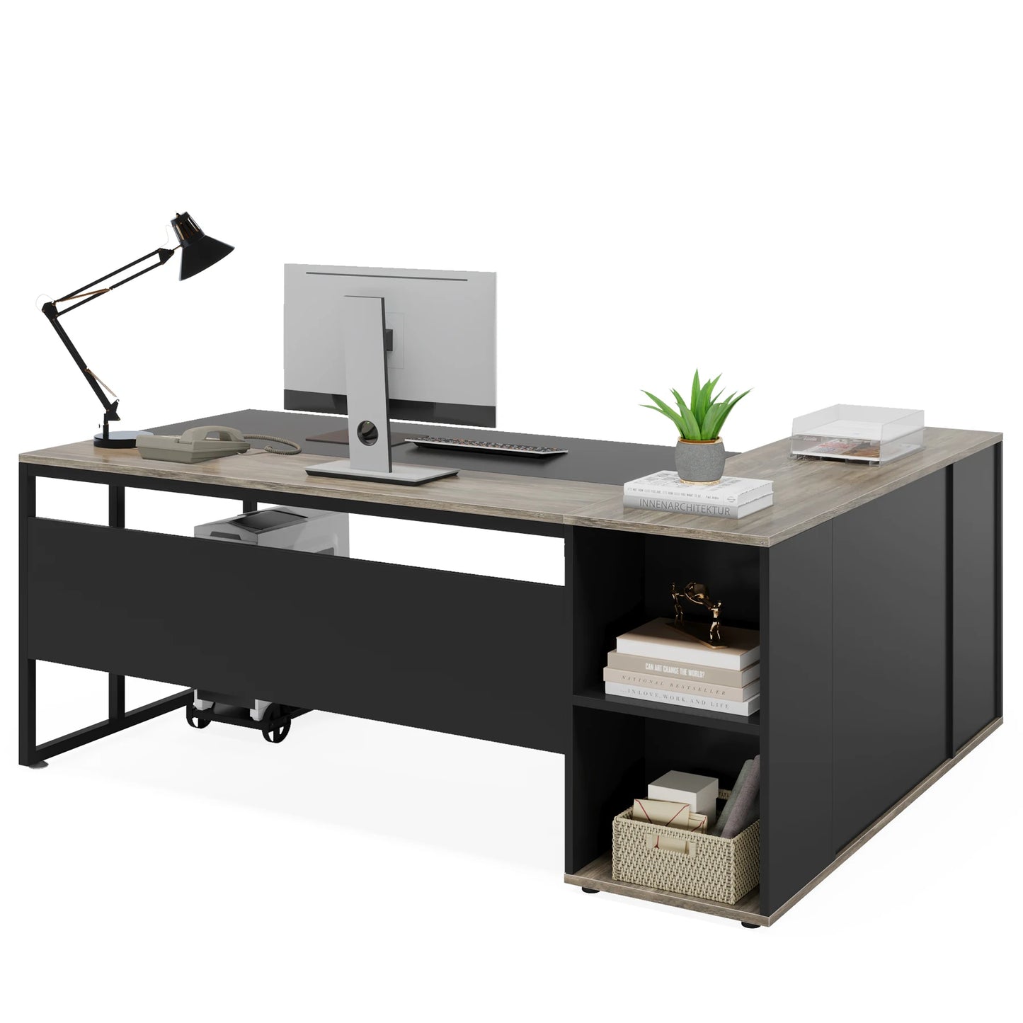 71 inch Executive Desk, L Shaped with Cabinet Storage