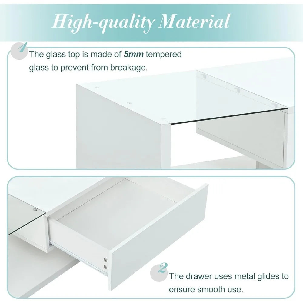 Coffee Table with Tempered Glass, Cocktail Table with High-Gloss UV Surface, Modernist 2-Tier Center Table for Living Room
