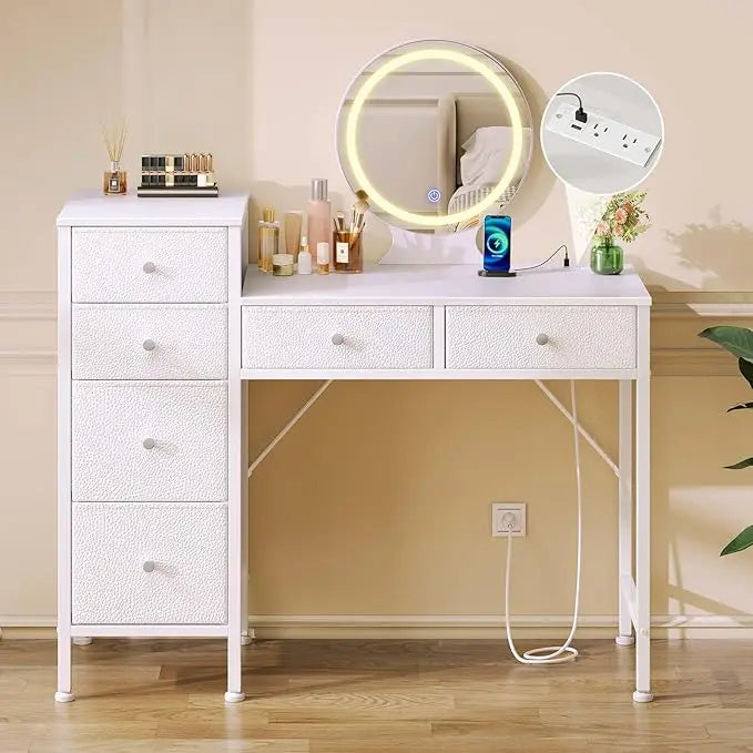 Vanity Desk with Mirror, Dresser with 6 Storage Drawers