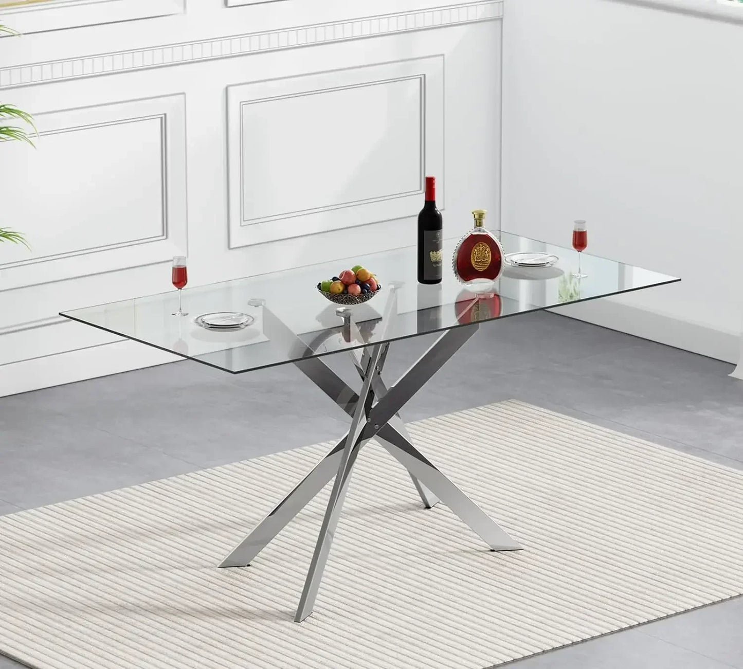 Rectangular Glass Dining Table Kitchen Glass Top Table for 4 with Metal Legs,Dining Table Kitchen Glass Tables for Kitchen