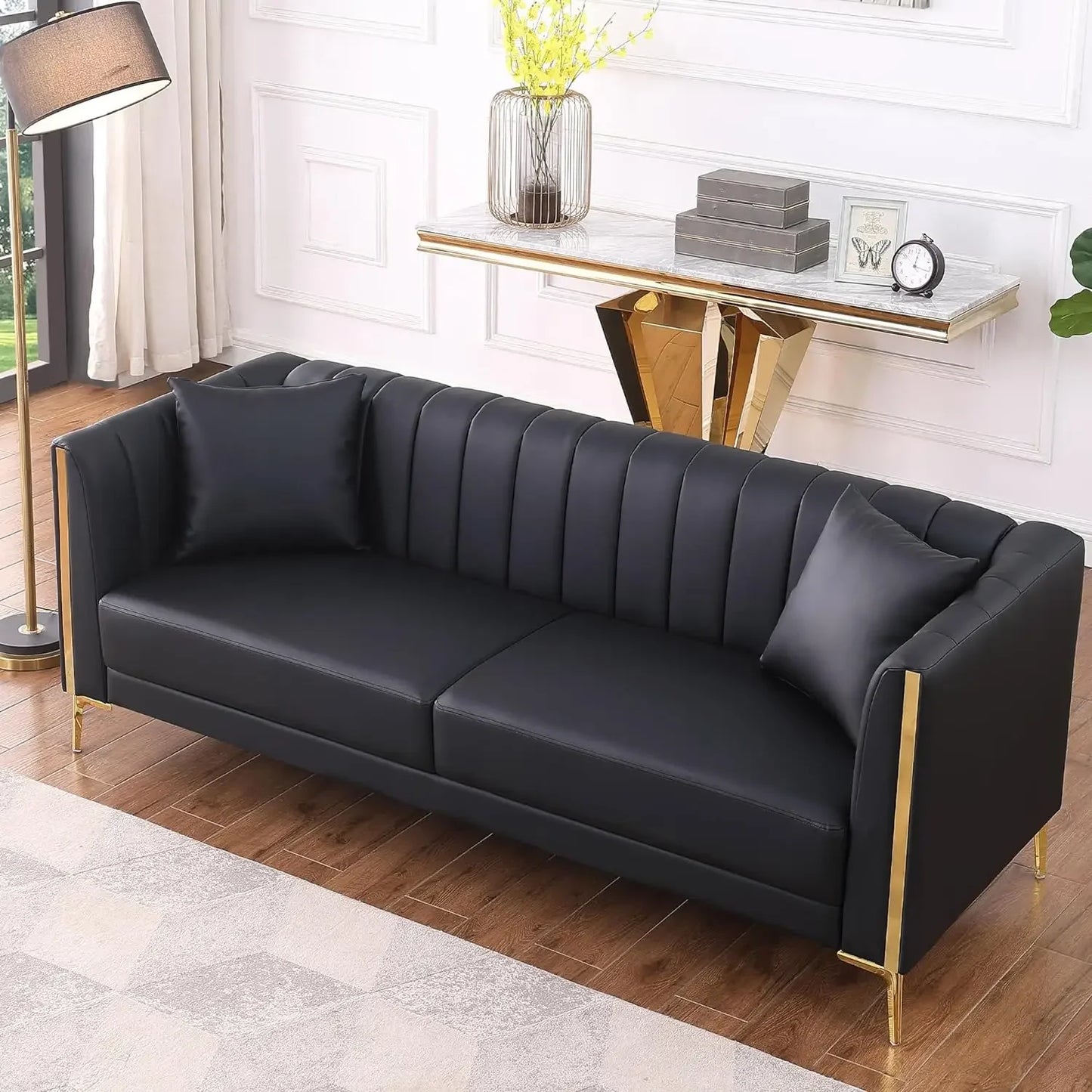 White Couches, Comfy, Faux Leather Sofa 3 Seater, 2 Throw Pillows