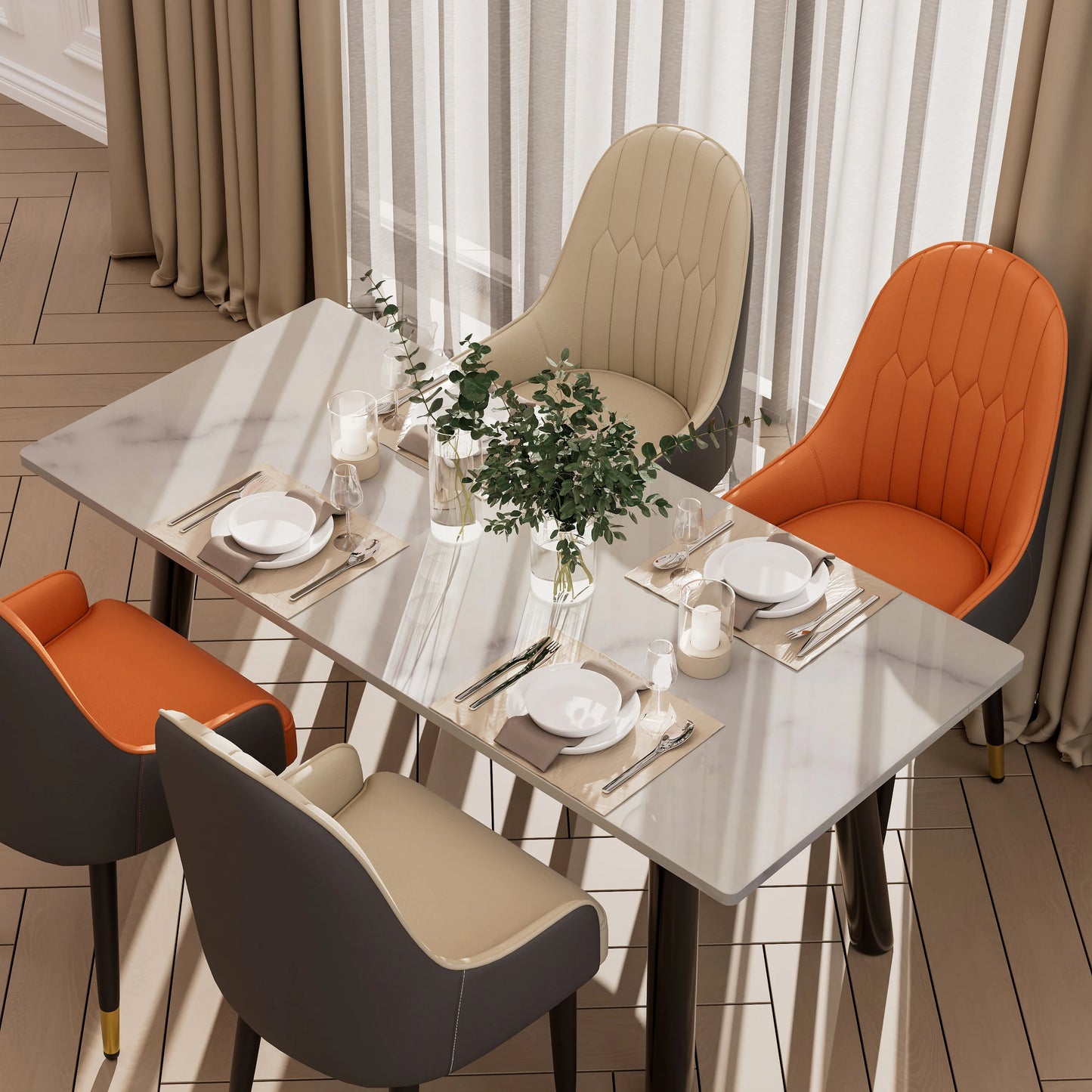 Faux Leather Dining Chair Set of 2, with Solid Wood Legs