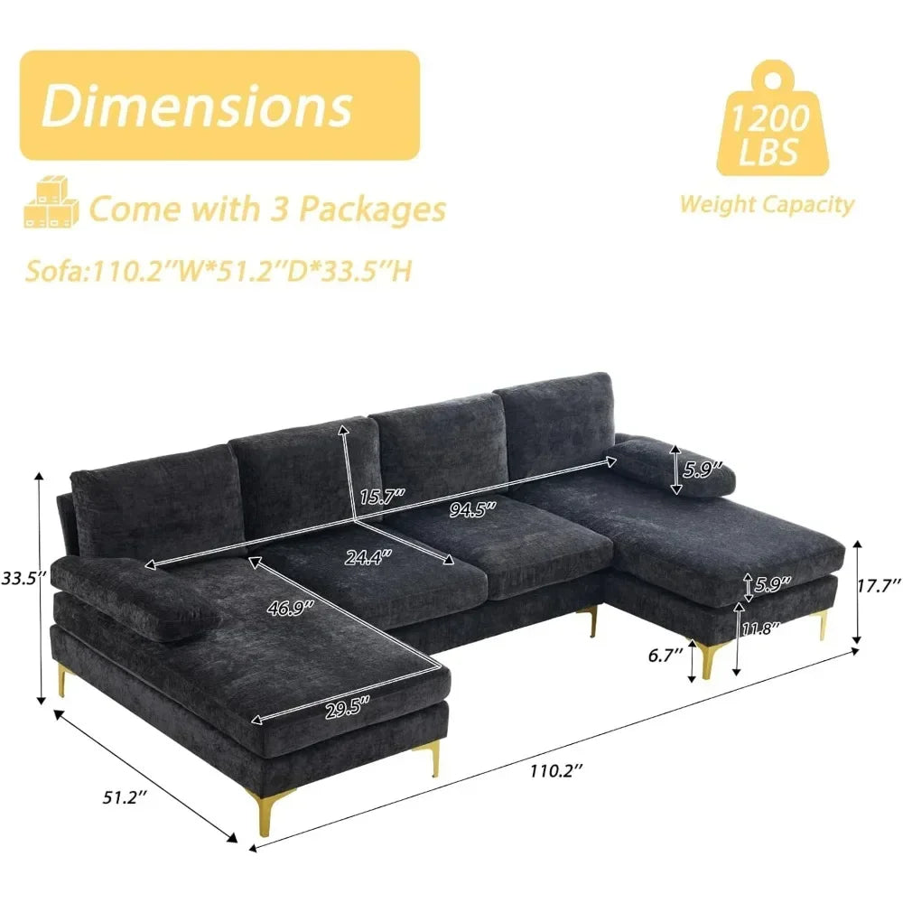 Sectional Sofa with Chaise Chenille Fabric Upholstered 4-Seat
