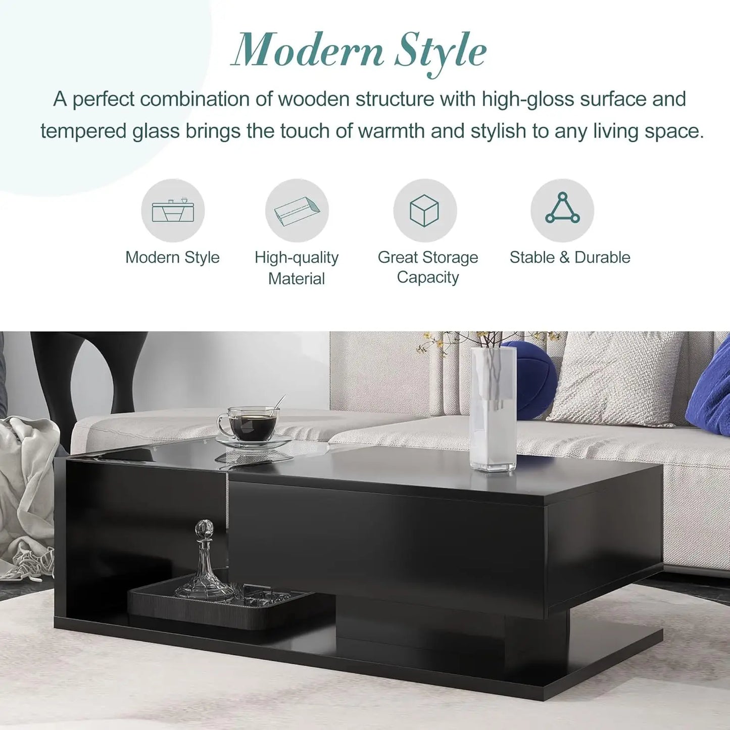 Coffee Table with Tempered Glass, Cocktail Table with High-Gloss UV Surface, Modernist 2-Tier Center Table for Living Room