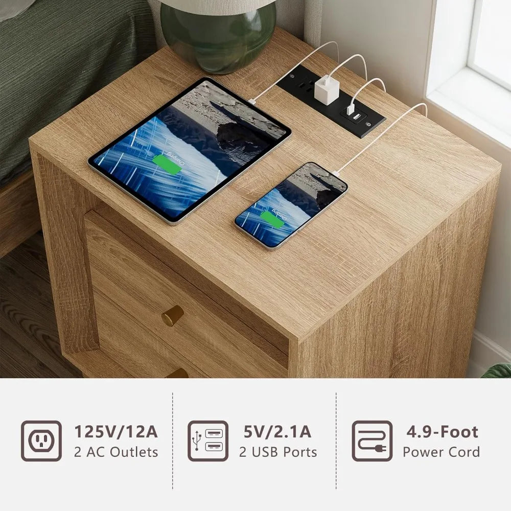 Nightstand Charging Station, Mid Century Modern Nightstand Wood Grain Texture, Boho End Table Drawers Storage